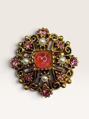 Florenza Vintage Victorian Revival Pink Glass Cabochon Rhinestone Brooch .99"